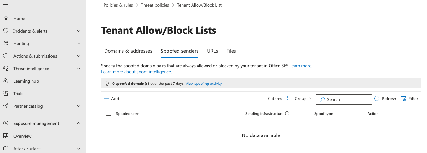 Microsoft Defender Tenant Allow/Block Lists page on the Spoofed senders tab, showing an empty list and the Add button used to create a new spoofed sender entry.