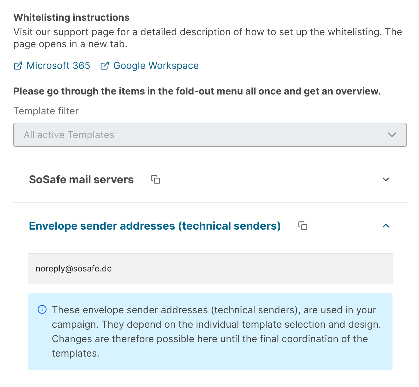 SoSafe Manager whitelisting page with the Envelope sender addresses (technical senders) section expanded, showing noreply@sosafe.de, above a note that these addresses depend on the templates selected for the campaign.