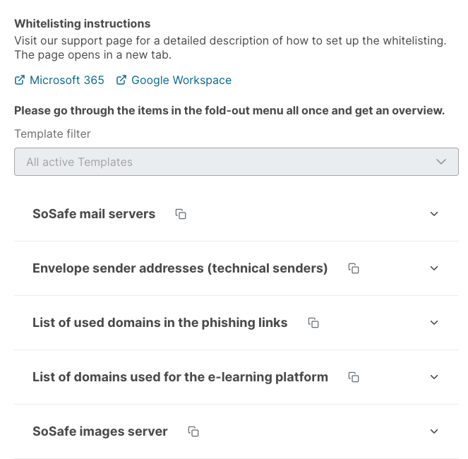 SoSafe Manager whitelisting page with its fold-out menu collapsed, showing the same SoSafe mail servers and Envelope sender addresses sections used to fill in the Sending IP and Sending Domain fields in the Microsoft Defender dialog shown next.