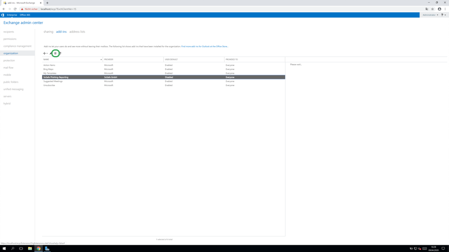 Exchange admin center add-ins list with the SoSafe Phishing-Reporting add-in selected, and the erase icon in the toolbar circled to indicate where to click for uninstalling.