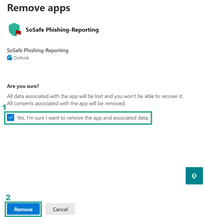 Remove apps confirmation dialog for SoSafe Phishing-Reporting, with the confirmation checkbox marked as step 1 and the Remove button marked as step 2 next to Cancel.