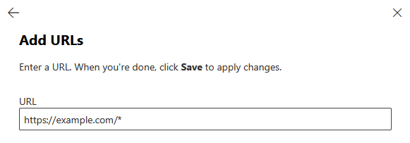 Add URLs panel with a single URL input field showing the placeholder format https://example.com/*, used to enter each domain from the SoSafe Manager one at a time.