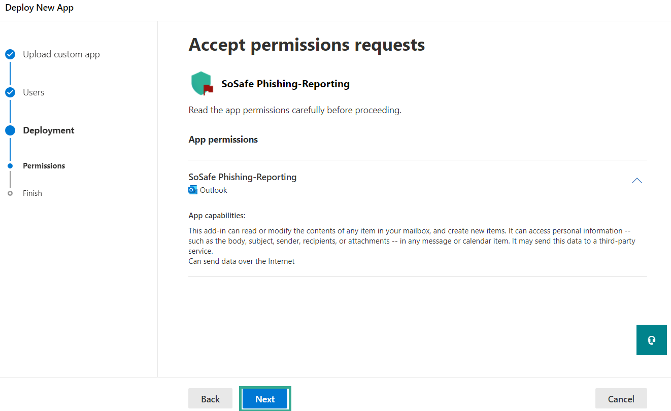 Accept permissions requests step for SoSafe Phishing-Reporting, listing app capabilities to read and modify mailbox items and send data over the Internet, with the Next button highlighted.