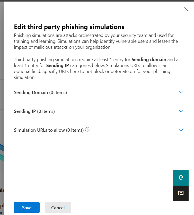 Microsoft Defender Edit third party phishing simulations dialog, showing empty Sending Domain, Sending IP, and Simulation URLs to allow sections, with Save and Cancel buttons at the bottom.