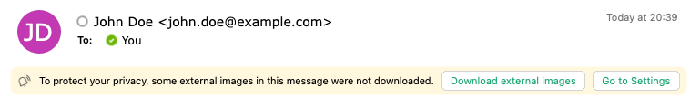 Outlook email preview with a banner reading, to protect your privacy some external images in this message were not downloaded, with buttons for Download external images and Go to Settings, the prompt this whitelisting removes for future emails.
