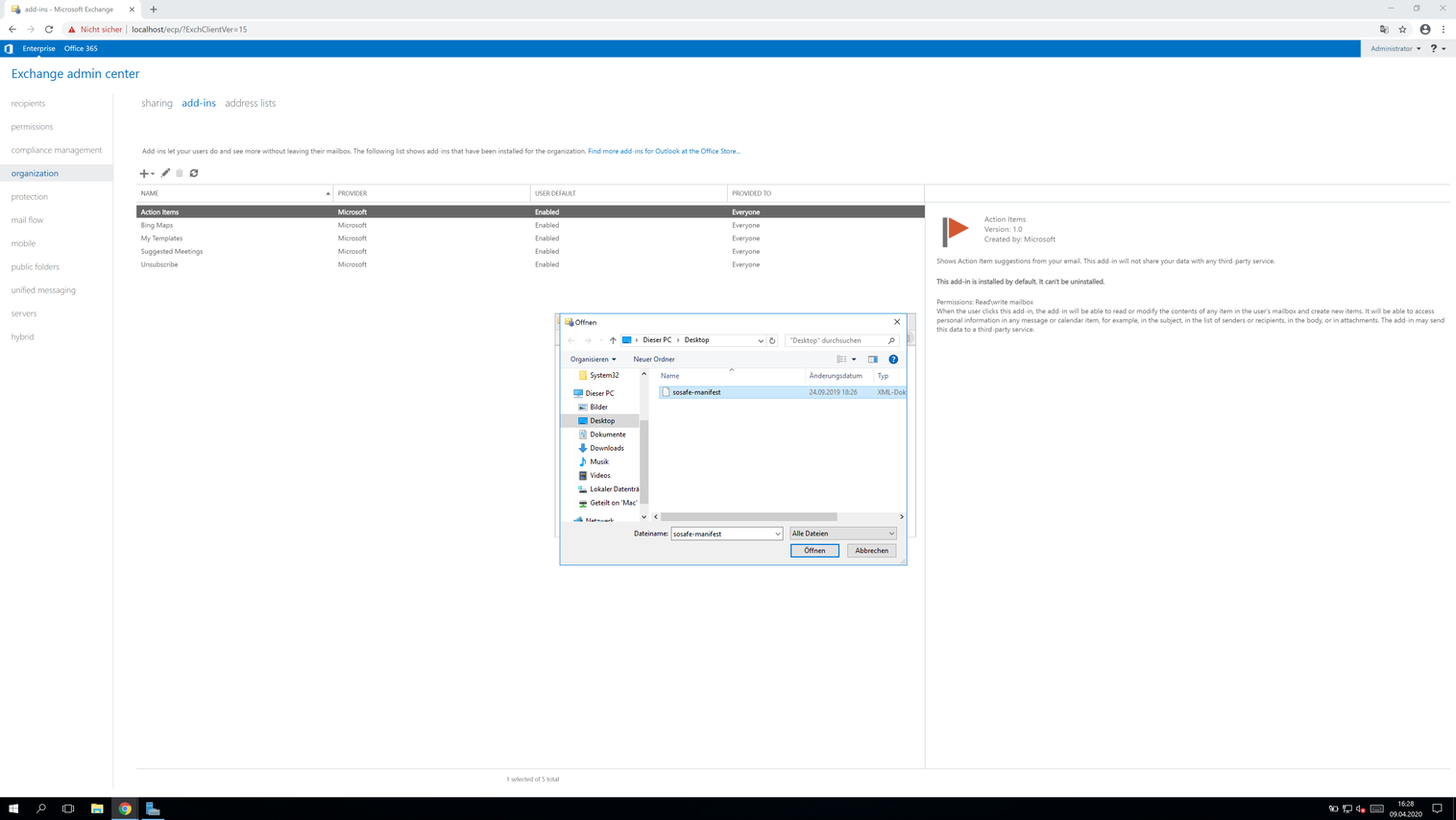 Windows file browser open to the Desktop folder with the sosafe-manifest file selected, ready to confirm with the Open button.
