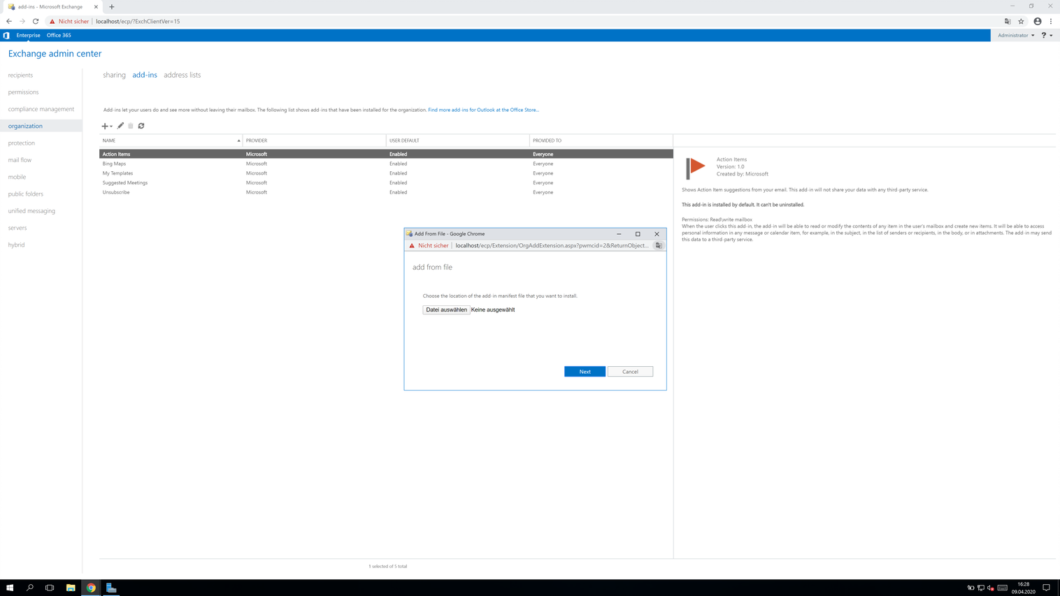 Add From File dialog for the Exchange add-in, showing a file picker with no manifest file chosen yet, and Next and Cancel buttons below.