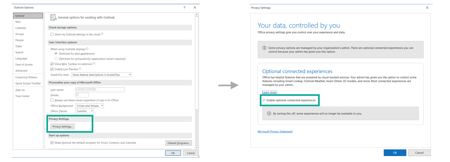 Outlook Options dialog on the General tab, with the Privacy Settings button marked, and an arrow to the resulting Privacy Settings dialog where the Enable optional connected experiences checkbox is checked and highlighted.