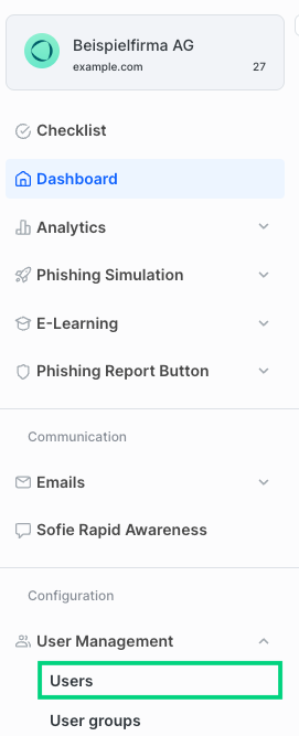 SoSafe Manager left navigation menu with User Management expanded and the Users item highlighted, below Dashboard, Analytics, Phishing Simulation, E-Learning, and Phishing Report Button, and above User groups.