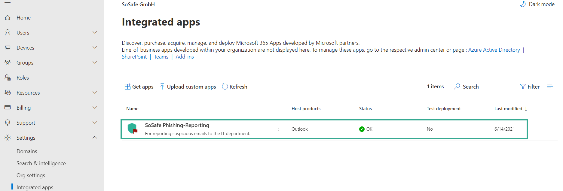 Microsoft 365 admin center Integrated apps list with the newly added SoSafe Phishing-Reporting row highlighted, showing Outlook as the host product and status OK.