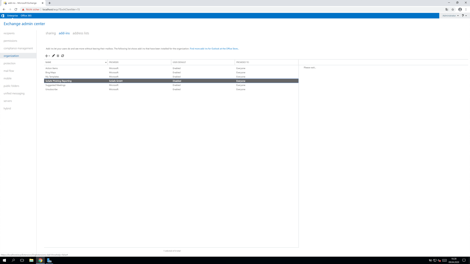 Exchange admin center add-ins list after installation, with the SoSafe Phishing-Reporting add-in selected, provided by SoSafe GmbH, User default set to Disabled, and Provided to Everyone.