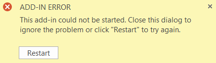 Outlook error dialog with a red warning icon reporting that the add-in could not be started, and a Restart button to reload the Phishing Report Button.