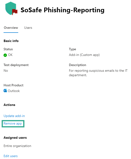 SoSafe Phishing-Reporting app overview page in Microsoft 365 admin center, with the Remove app action highlighted below Update add-in, and status OK shown above.
