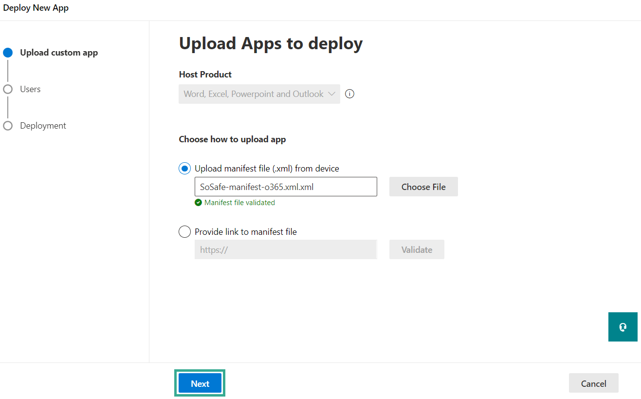 Deploy New App wizard showing the uploaded SoSafe manifest file validated with a green checkmark, and the Next button highlighted to proceed.