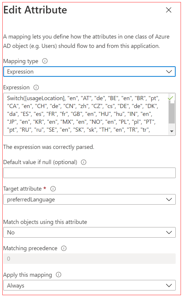 Microsoft Entra ID Edit Attribute dialog with Mapping type set to Expression, a Switch expression mapping usageLocation country codes to language values, Target attribute set to preferredLanguage, and Apply this mapping set to Always.