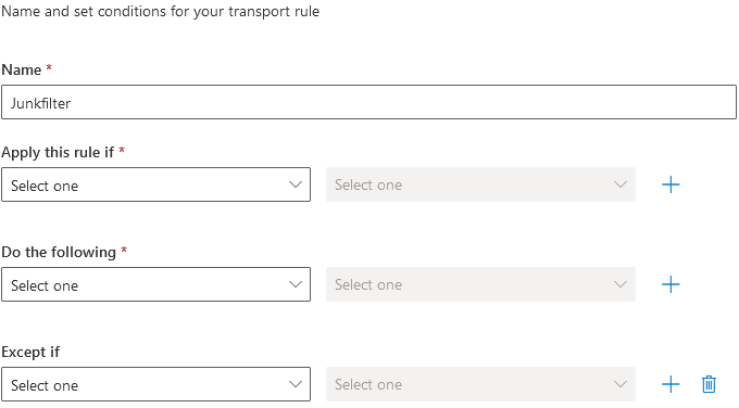 New transport rule dialog for Chapter 3, with the Name field filled in as Junkfilter, above empty Apply this rule if, Do the following, and Except if condition dropdowns.