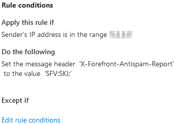 Finished rule summary for the Junkfilter rule, showing the condition Sender's IP address is in the range, and the action setting the X-Forefront-Antispam-Report header to the value SFV:SKI;.