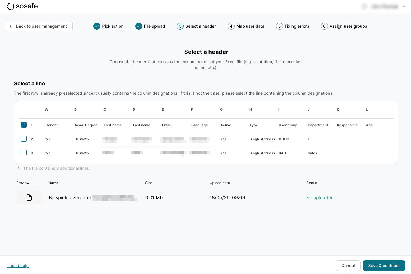 SoSafe Manager import wizard on the Select a header step, with the first row of the uploaded file selected as the column header. The preview table below shows sample rows with columns such as gender, name, email, and user group.