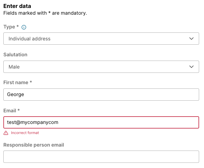 Enter data panel from the Fix all errors flow, editing a single user record with the Email field outlined in red and flagged as Incorrect format. Fields above it include Type, Salutation, and First name.