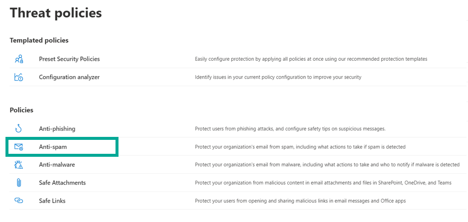Threat policies page in Microsoft 365 Defender, with Anti-spam marked among Anti-phishing, Anti-malware, Safe Attachments, and Safe Links under the Policies section.