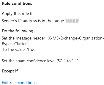 Finished rule summary for Chapter 2, showing the condition Sender's IP address is in the range, and actions setting the X-MS-Exchange-Organization-BypassClutter header to true and the spam confidence level SCL to negative one.