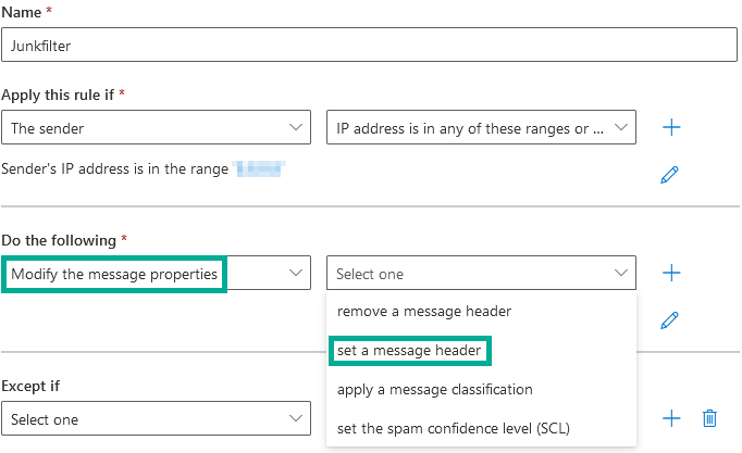 Do the following section for the Junkfilter rule, with Modify the message properties selected and set a message header marked in its dropdown, alongside remove a message header and set the spam confidence level SCL.