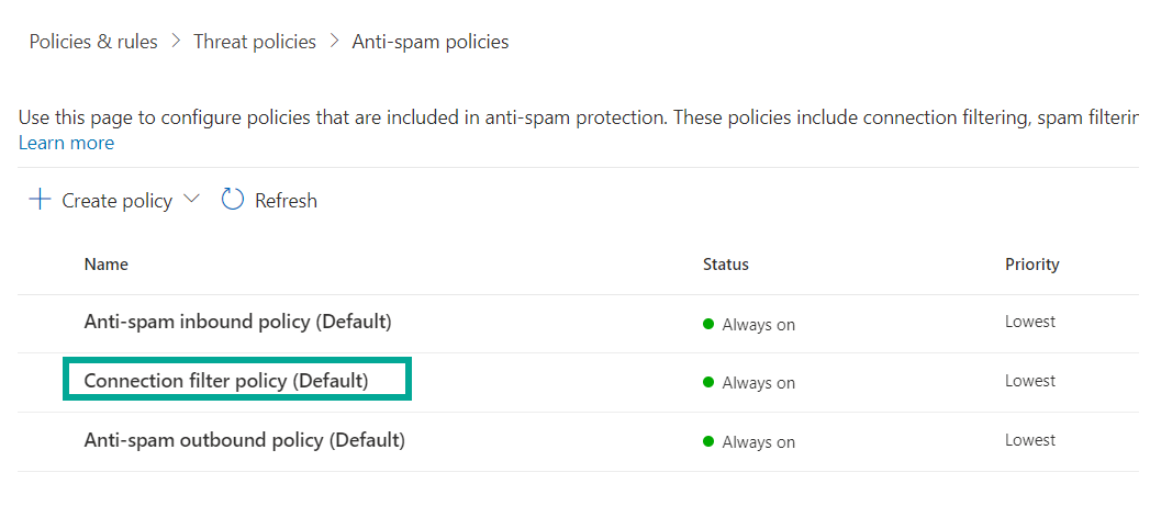 Anti-spam policies page in Microsoft 365 Defender, with Connection filter policy marked next to the Anti-spam inbound and Anti-spam outbound policies, all showing Always on status.