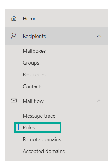 Exchange admin center left navigation with Rules marked under the Mail flow section, alongside Message trace, Remote domains, and Accepted domains. The Recipients section above lists Mailboxes, Groups, Resources, and Contacts.