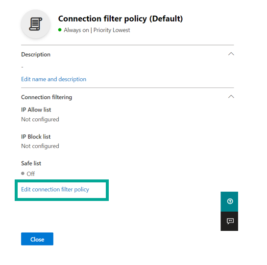 The same connection filter policy panel, now with the Edit connection filter policy link marked.