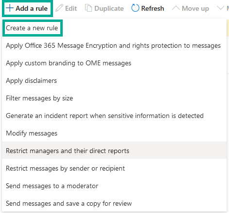 Rules page in Exchange admin center with the Add a rule button marked, its dropdown open and Create a new rule highlighted among other templates such as Apply disclaimers and Restrict messages by sender or recipient.