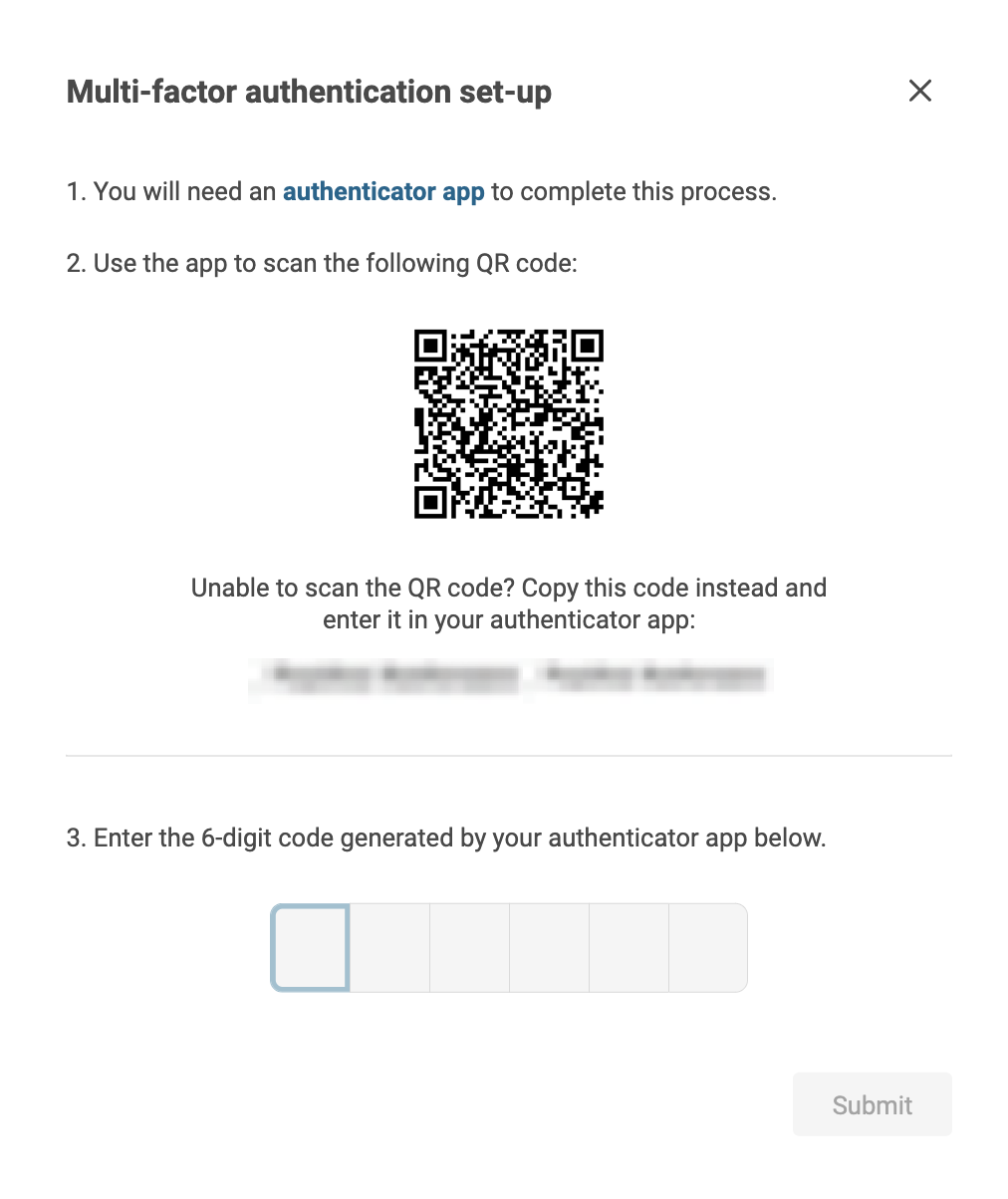 Multi-factor authentication set-up dialog in the SoSafe Manager, showing a QR code to scan with an authenticator app, an alternative manual entry code, and a six digit code entry field with a Submit button.