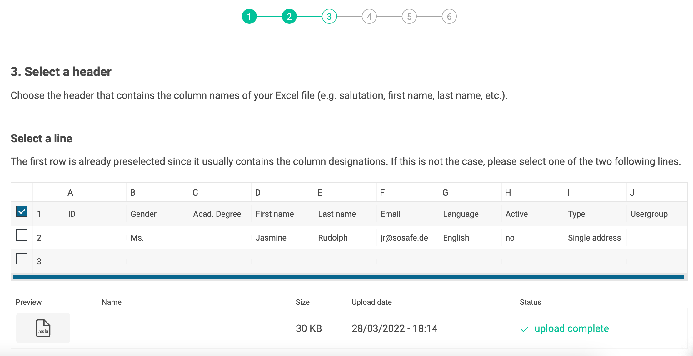 SoSafe Manager user data import wizard, step 3 Select a header, showing an uploaded Excel file's preview table with columns for ID, name, email, and language, and the first row checked as the header.