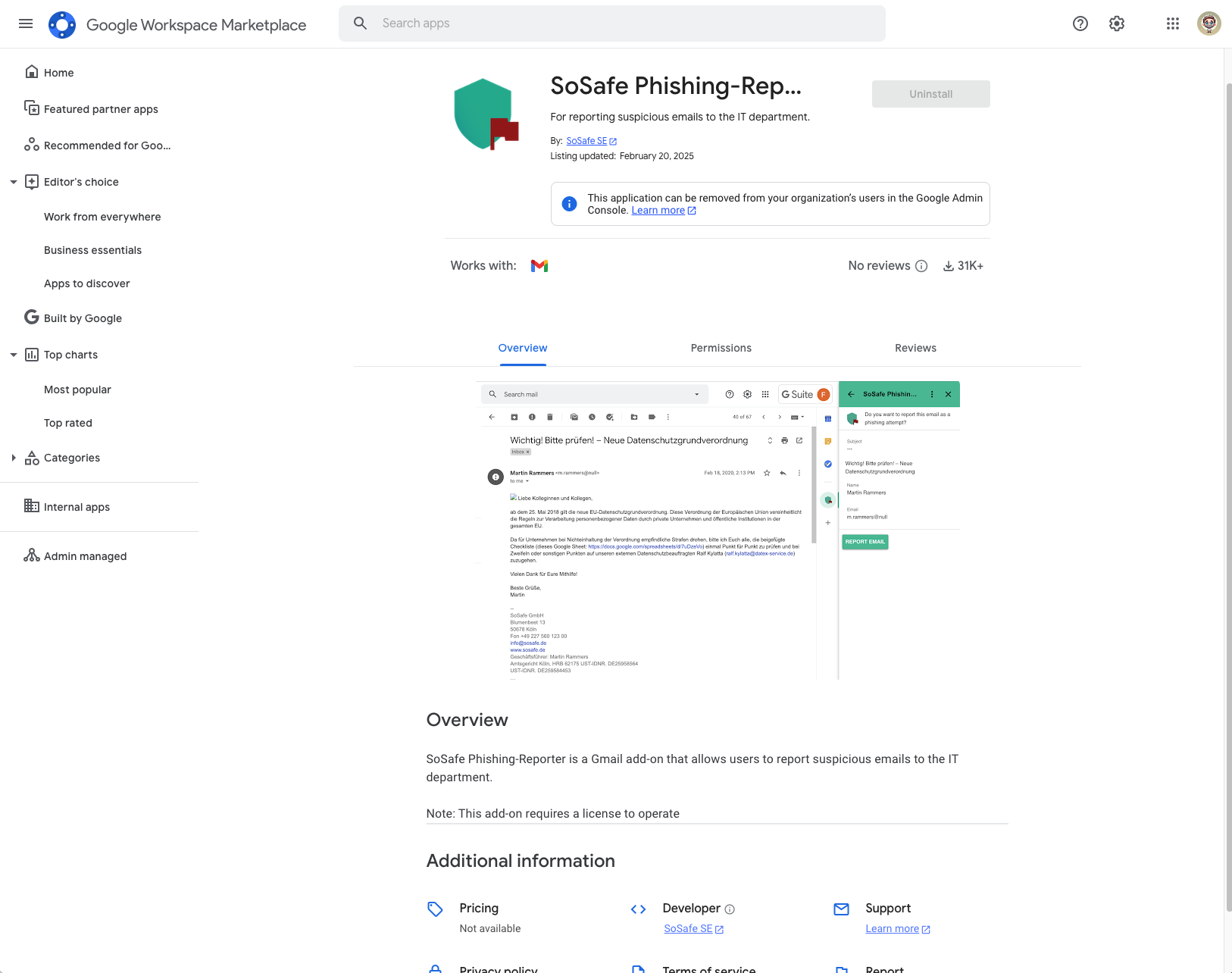 SoSafe Phishing-Reporting listing in the Google Workspace Marketplace, on the Overview tab, with a preview of the Gmail add-on panel showing a Report email button for a suspicious message.
