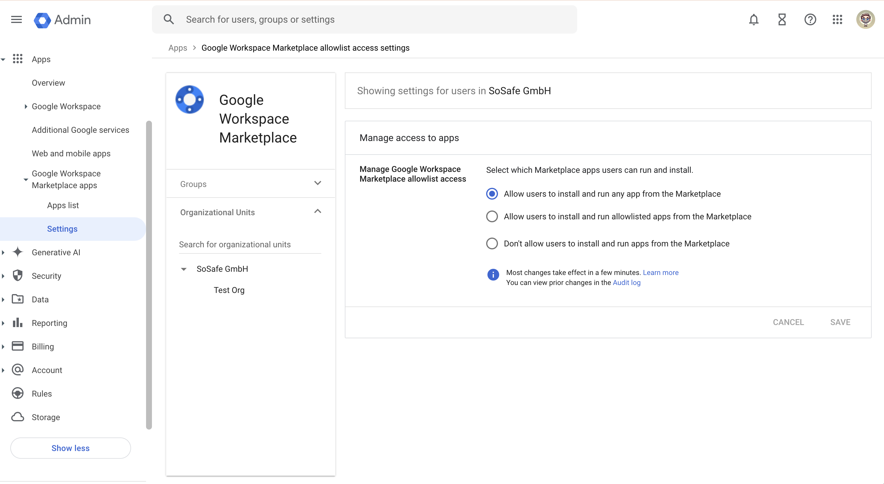 Google Workspace Marketplace allowlist access settings in Google Admin, with Allow users to install and run any app from the Marketplace selected above two more restrictive options, and a Save button.