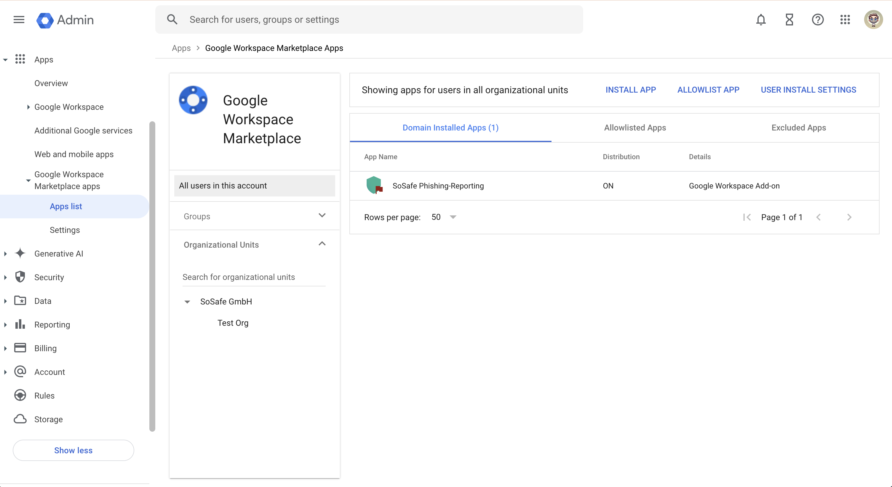 Google Admin console Google Workspace Marketplace apps Apps list page, Domain Installed Apps tab, showing SoSafe Phishing-Reporting listed with distribution ON and detail Google Workspace Add-on.