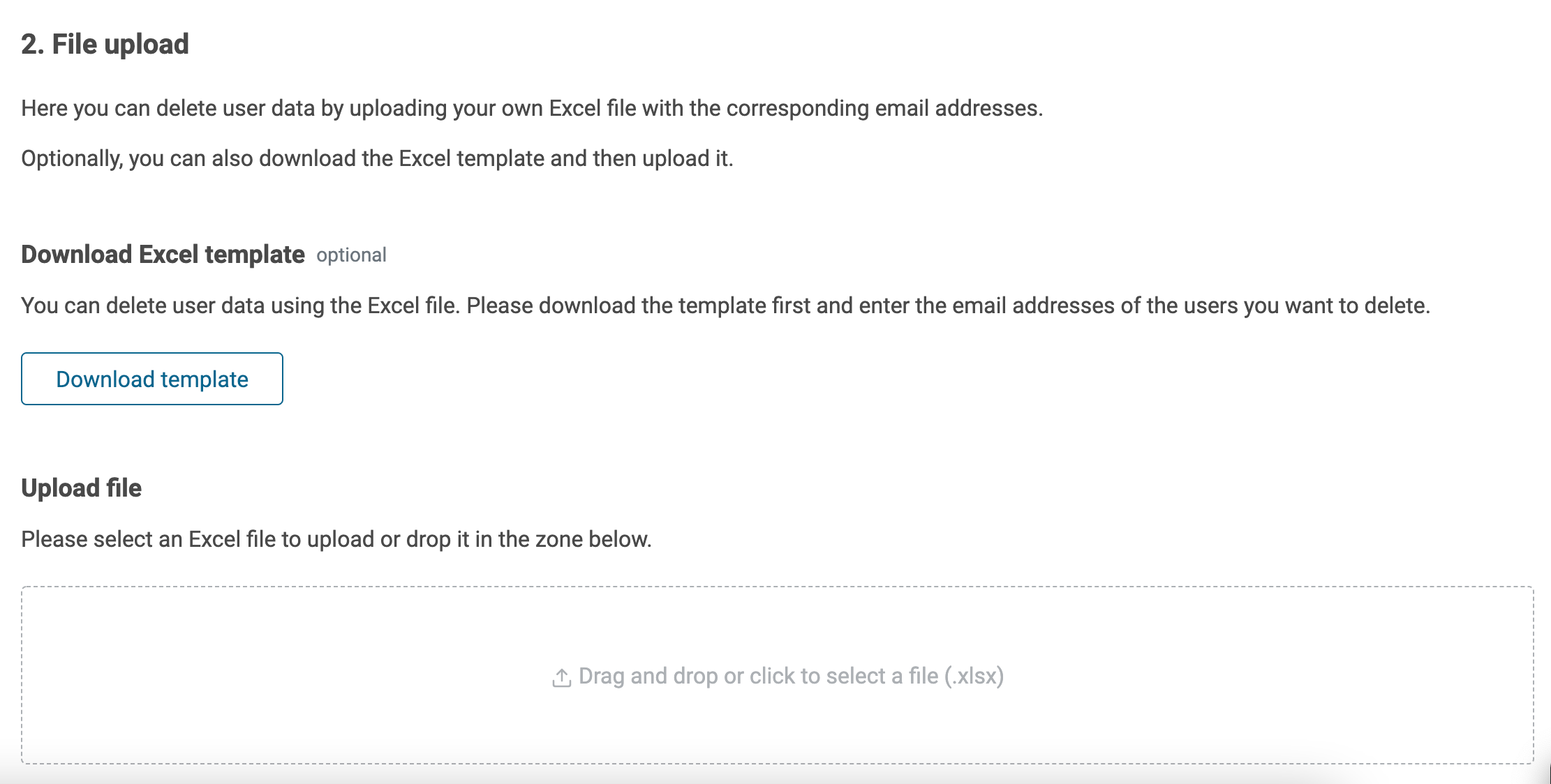 SoSafe Manager user data import wizard, step 2 File upload, showing the Download template button above an empty drag and drop area for an Excel file.