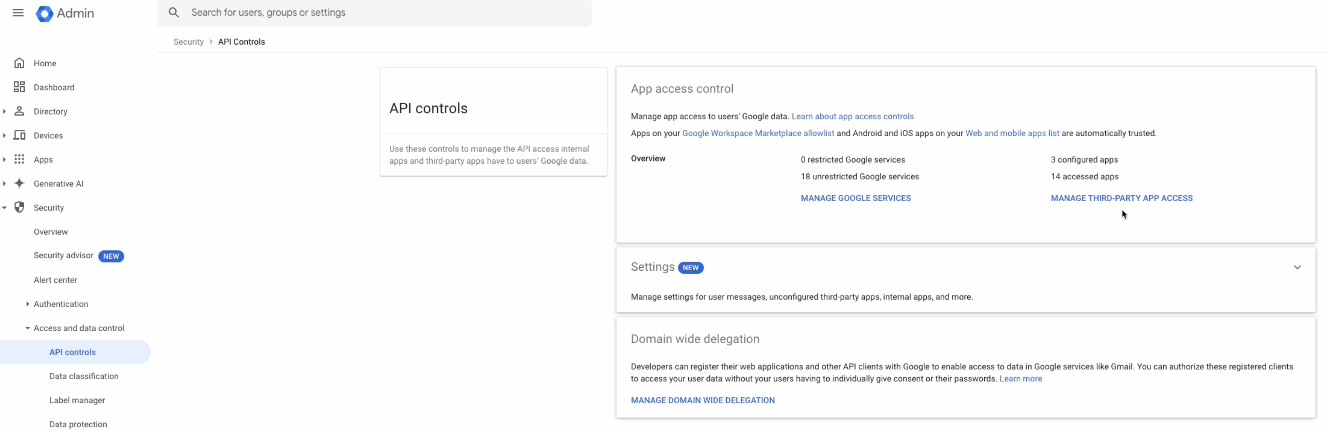 Google Admin console API controls page under Security, showing App access control with links to Manage Google services and Manage third-party app access, alongside Domain wide delegation settings below.