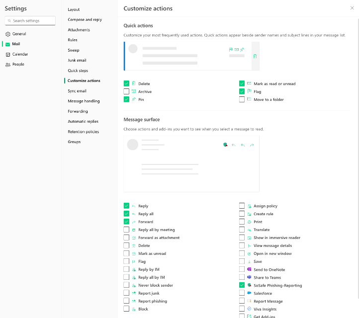 Outlook Settings dialog on the Mail section with Customize actions selected, showing the Quick actions list above the Message surface list, which includes the SoSafe Phishing-Reporting option alongside Reply, Forward, Report junk, and Report phishing.