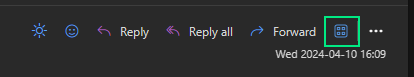 Outlook mail reading pane toolbar with the Apps icon marked in a green box next to the Reply, Reply all, and Forward icons, where the Phishing Report Button is now found in the new Outlook and OWA.