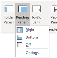 Outlook View ribbon with the Reading Pane dropdown open, showing the Right, Bottom, and Off layout options, next to the Folder Pane and To-Do Bar buttons.