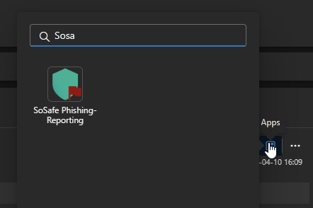 Outlook Apps search popup showing results for the search term Sosa, with the SoSafe Phishing-Reporting app icon and label listed, ready to be opened to display the Phishing Report Button.