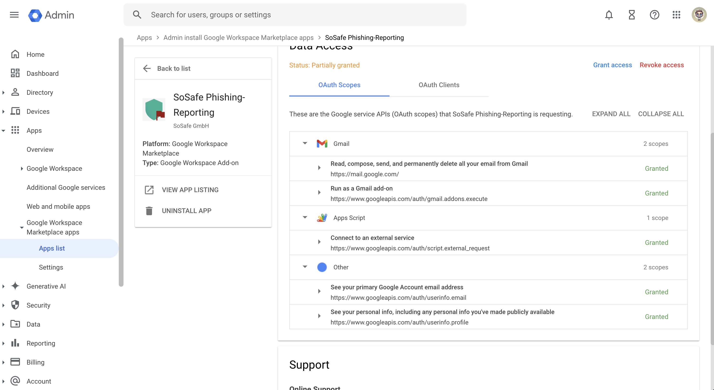 SoSafe Phishing-Reporting app details in Google Admin, Data Access section, OAuth Scopes tab, status Partially granted, with Gmail, Apps Script, and Other scopes each marked Granted, including reading and sending Gmail.