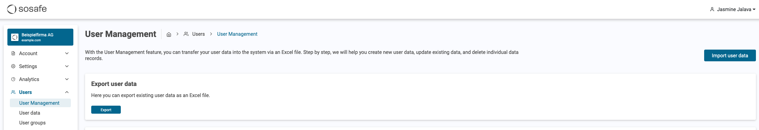 SoSafe Manager User Management page, with the Import user data button in the top right corner above the Export user data section and its Export button.