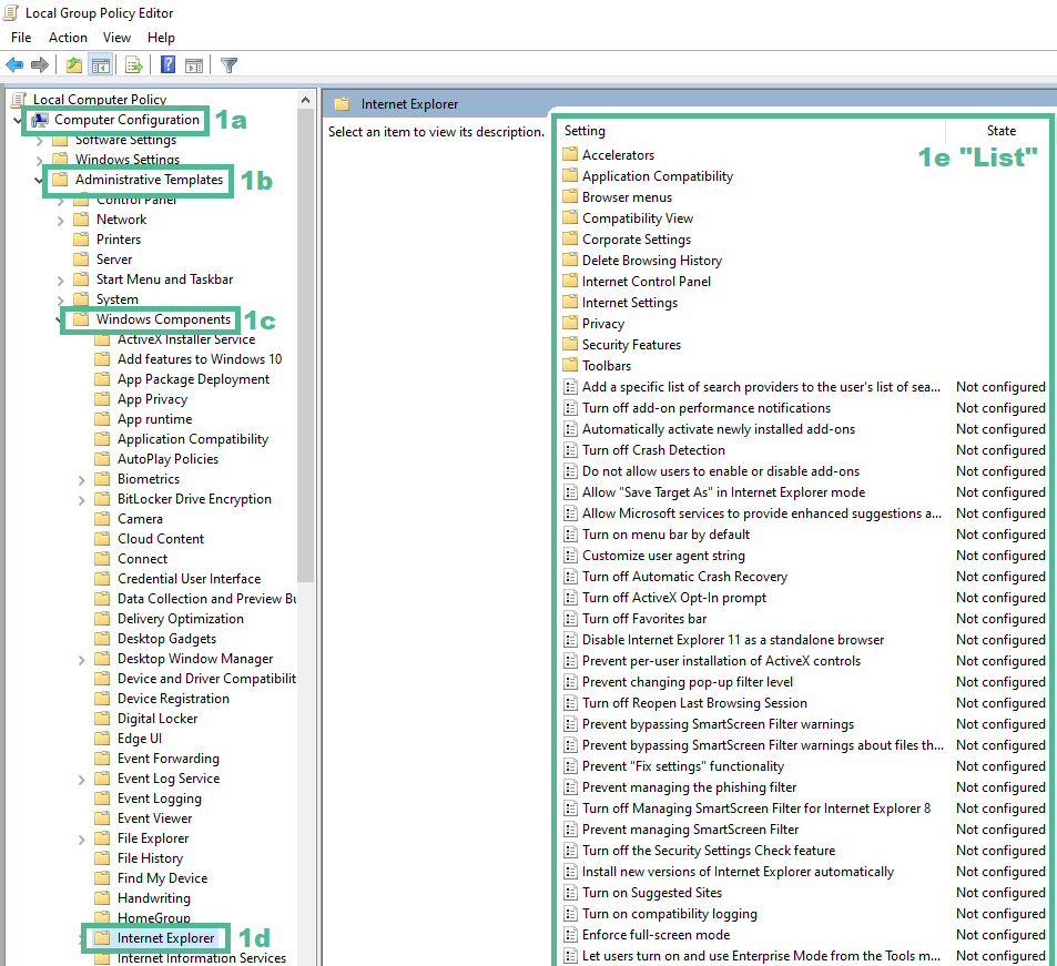 Local Group Policy Editor with Computer Configuration, Administrative Templates, Windows Components, and Internet Explorer marked in the left-hand tree, and the Internet Explorer settings list highlighted on the right.
