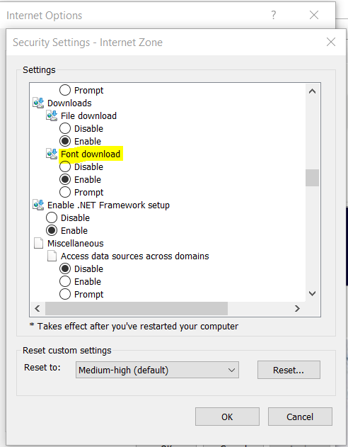 Internet Explorer Security Settings dialog for the Internet Zone with Font download highlighted in yellow and set to Enable, listed among Downloads, File download, and Enable .NET Framework setup options.