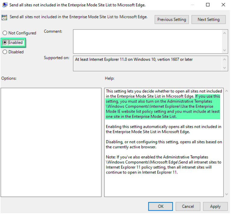 Group Policy dialog for Send all sites not included in the Enterprise Mode Site List to Microsoft Edge, with the Enabled option marked, next to the Not Configured and Disabled choices and the Options and Help panels.