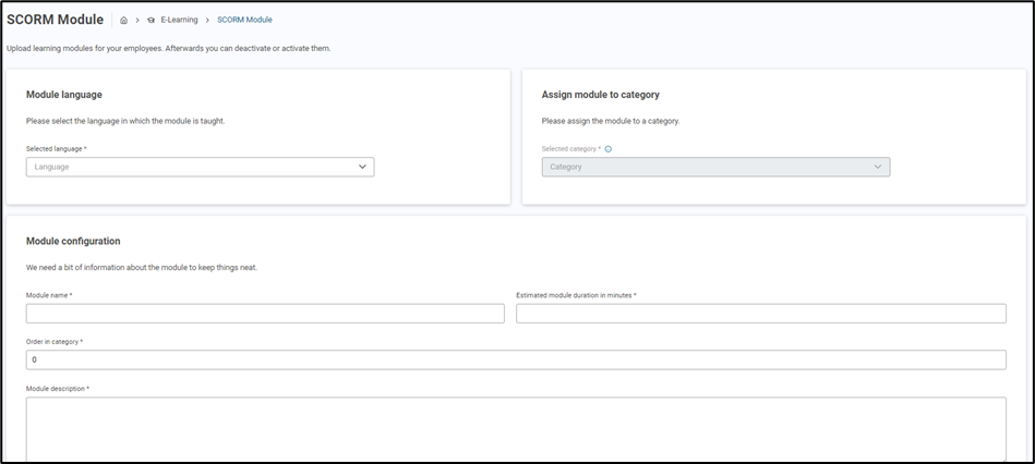 SoSafe Manager SCORM Module upload page with fields for Module language, Assign module to category, and Module configuration, including Module name, Estimated module duration, Order in category, and Module description.