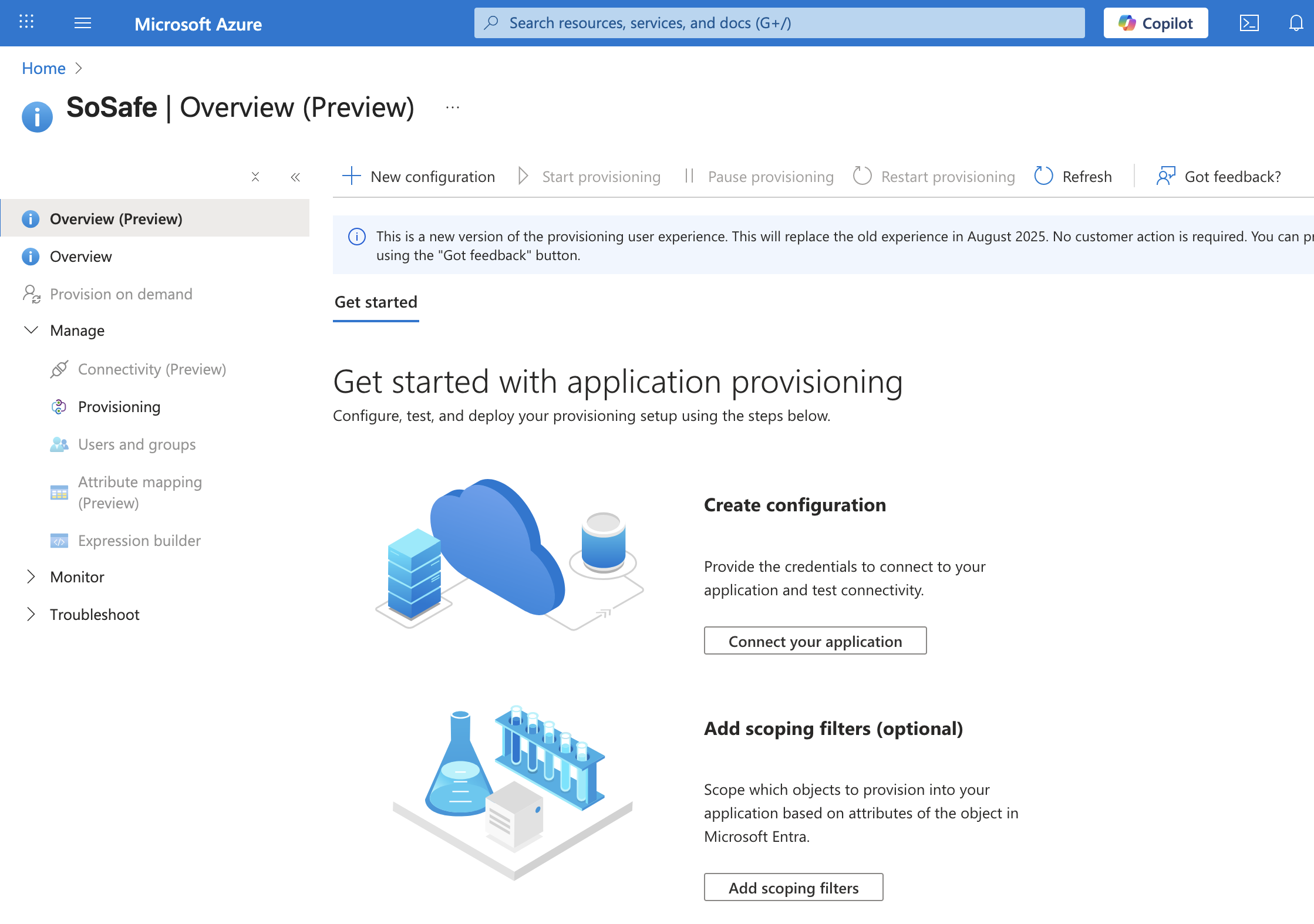 Microsoft Azure SoSafe Overview Preview page for application provisioning, showing the Create configuration and Add scoping filters options, with New configuration, Start provisioning, and Pause provisioning in the toolbar above.