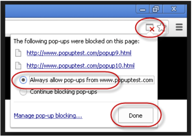Browser popup blocked notification with the blocked pop-up icon, the Always allow pop-ups radio button, and the Done button all circled in red, showing how to enable pop-ups for testing a module in SCORM Cloud.