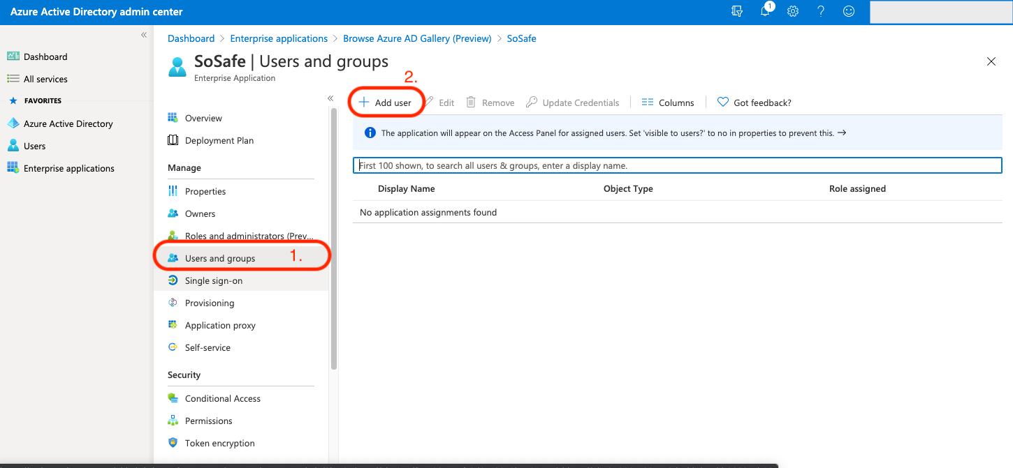 Azure Active Directory admin center on the SoSafe Users and groups page, with Users and groups marked in the left menu and the Add user button highlighted above an empty assignments table.